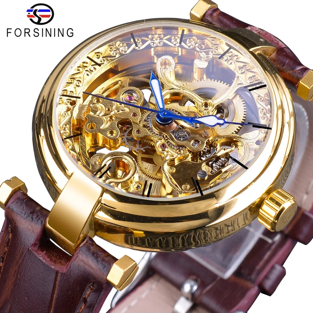 Top Trends: Forsining 2018 Golden Watches Fashion Blue Hands Mens Automatic Self-wind Watches Top Brand Brown Genuine Leather Luminous Hands Shoppable Styles