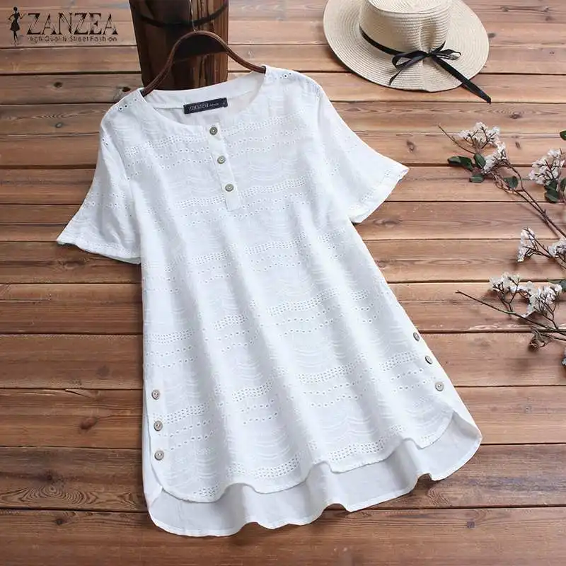 Top Trends: Womens Lace Shirts Fashion 2023 ZANZEA Embroidery Tops Button Short Sleeve Shirts Female Asymmetrical Blusa Tunic Shoppable Styles