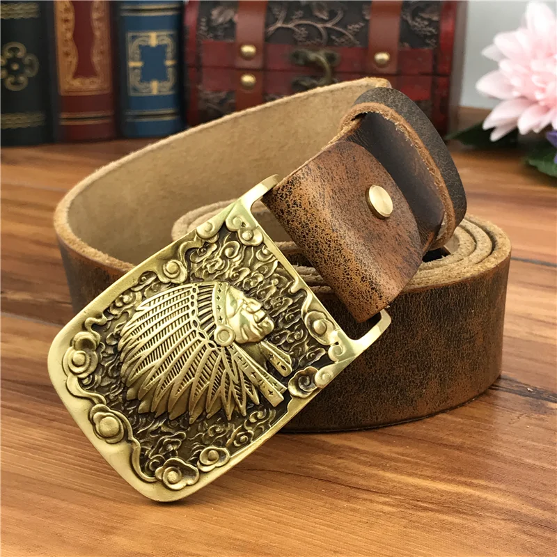 Top Trends: Brass Indian Chief Belt Buckle Genuine Leather Belt Men Ceinture Homme Yellow Belt Men Male Strap Wide Jeans Belt MBT0424 Shoppable Styles