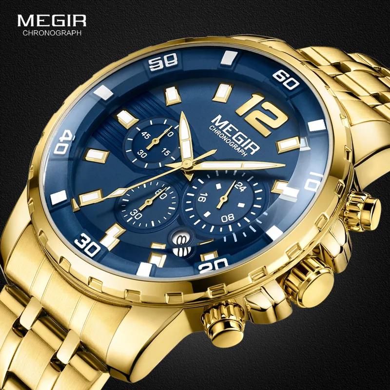 Top Trends: Megir Men&#039;s Gold Stainless Steel Quartz Watches Business Chronograph Analgue Wristwatch For Man Waterproof Luminous 2068GGD-2N3 Shoppable Styles