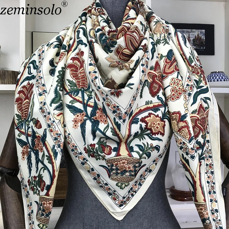 Top Trends: 100% Silk Scarf Women Large Shawls Floral Print Stoles Square Bandana Luxury Brand Kerchief Scarves Female Foulard 130*130cm Shoppable Styles