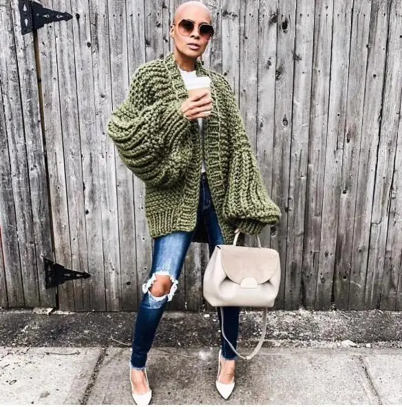 Top Trends: 2024 Handmade Thick Knitted Sweater Women Cold Winter Lantern Sleeve Cardigan Female 8 Colors Sweater Warm Coat Shoppable Styles - Image 2