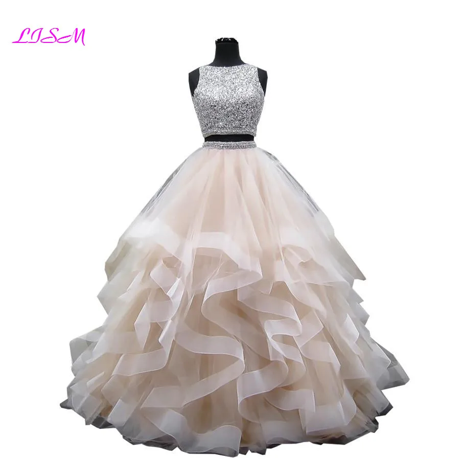 Top Trends: Luxury Crystals Two Pieces Ball Gown Quinceanera Dresses O-Neck Beaded Open Back Pageant Gown Long Tiered Organza Sweet 16 Dress Shoppable Styles