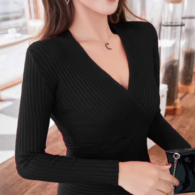 Top Trends: 2024 New Sexy Deep V Neck Sweater Women's Pullover Casual Slim Bottoming Sweaters Female Elastic Cotton Long Sleeve Tops Femme Shoppable Styles - Image 3