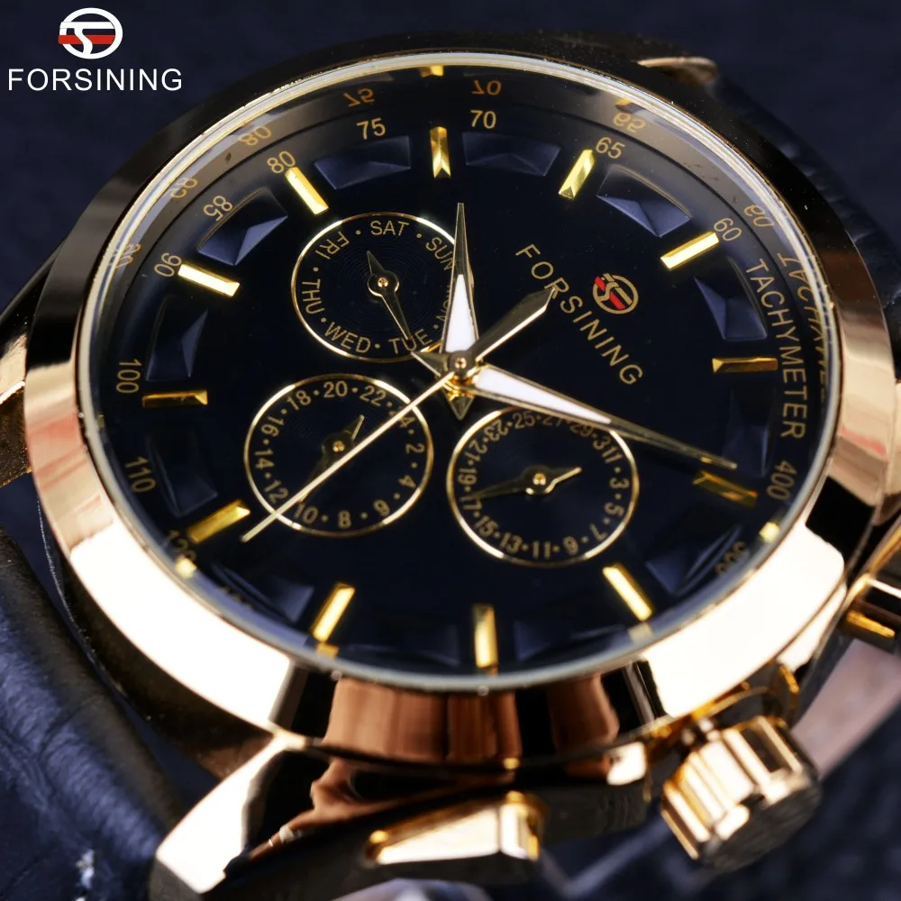 Top Trends: Forsining 2016 Retro Fashion Designer Three Dial Decoration Genuine Leather Golden Men Luxury Brand Automatic Mechanical Watches Shoppable Styles