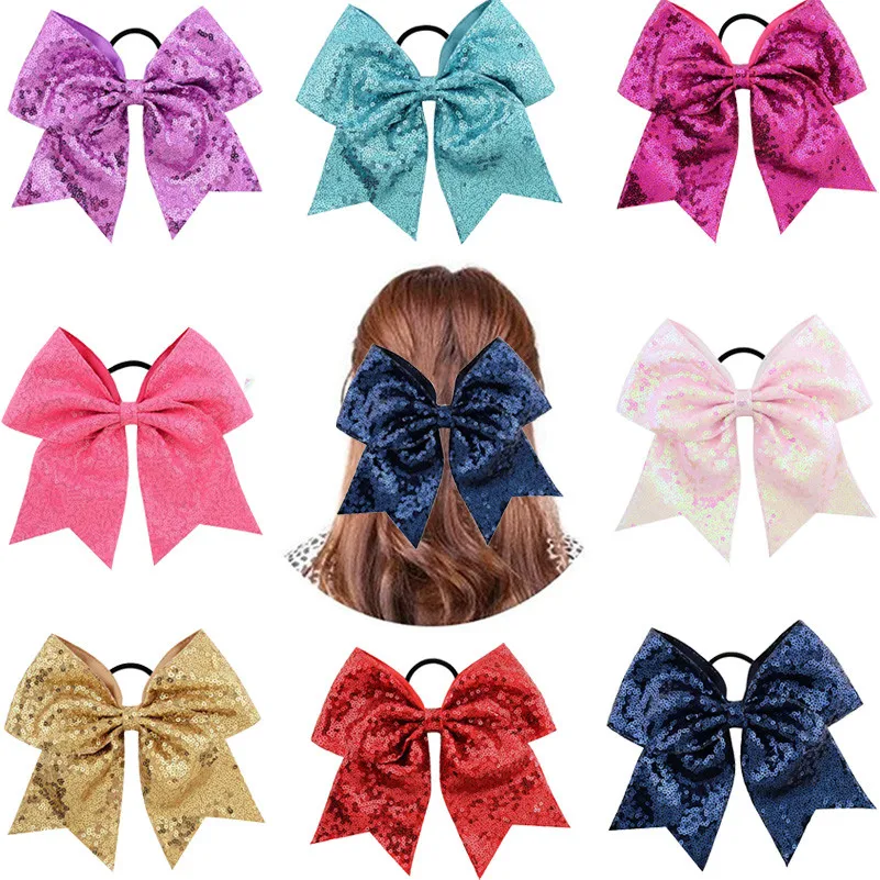 Top Trends: New 8 Inch Sequin Cheer Bow Elastic Hair Bands Ponytail Holder Hair Ties Women Kids Rubber Band Handmade Girls Hair Accessories Shoppable Styles