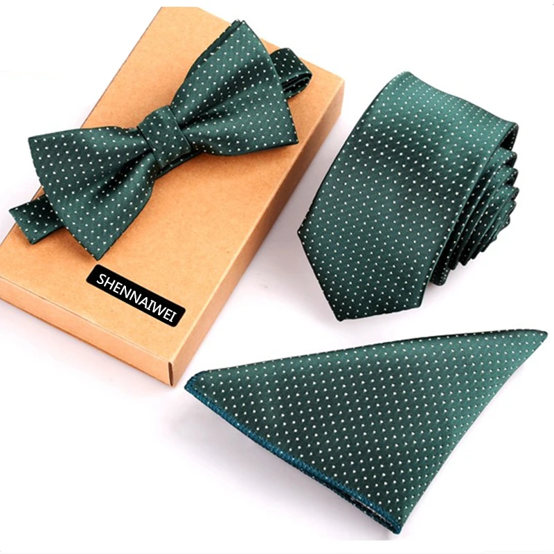 Top Trends: New Mens Green Necktie Sets Corbatas 6 Cm And Pocket Square Bow Tie Set 3pcs Bowtie Stripe Black Neck Ties Handkerchief Man Gift Shoppable Styles