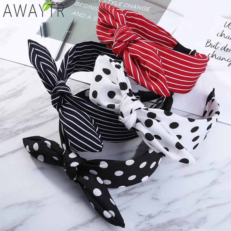 Top Trends: Rabbit Ears Cloth Striped Print Wide Side Bow Headband Hair Hoop Fashion Ladies Dot Solid Hair Band For Girl Hair Accessories Shoppable Styles