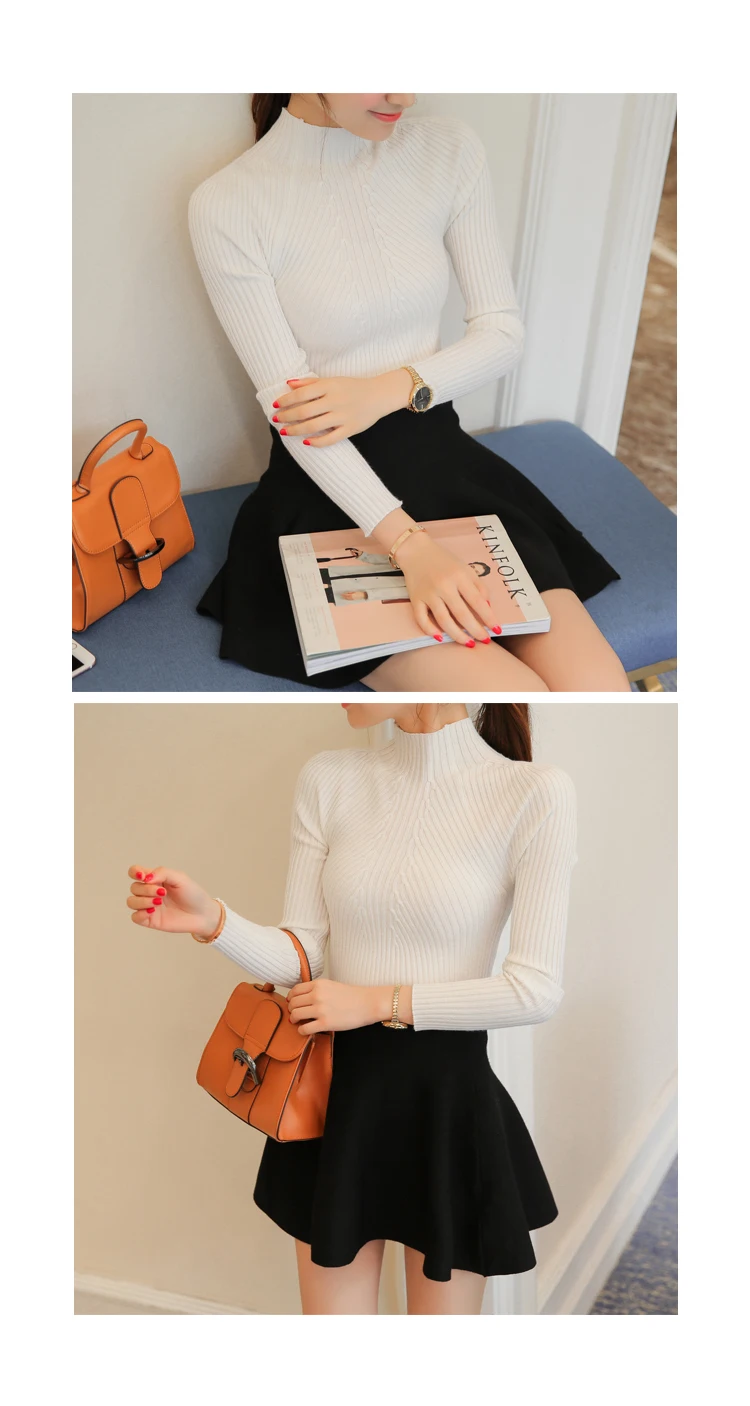 naine kannab valget kõrge kaelusega pulloveri ja musta seelikut