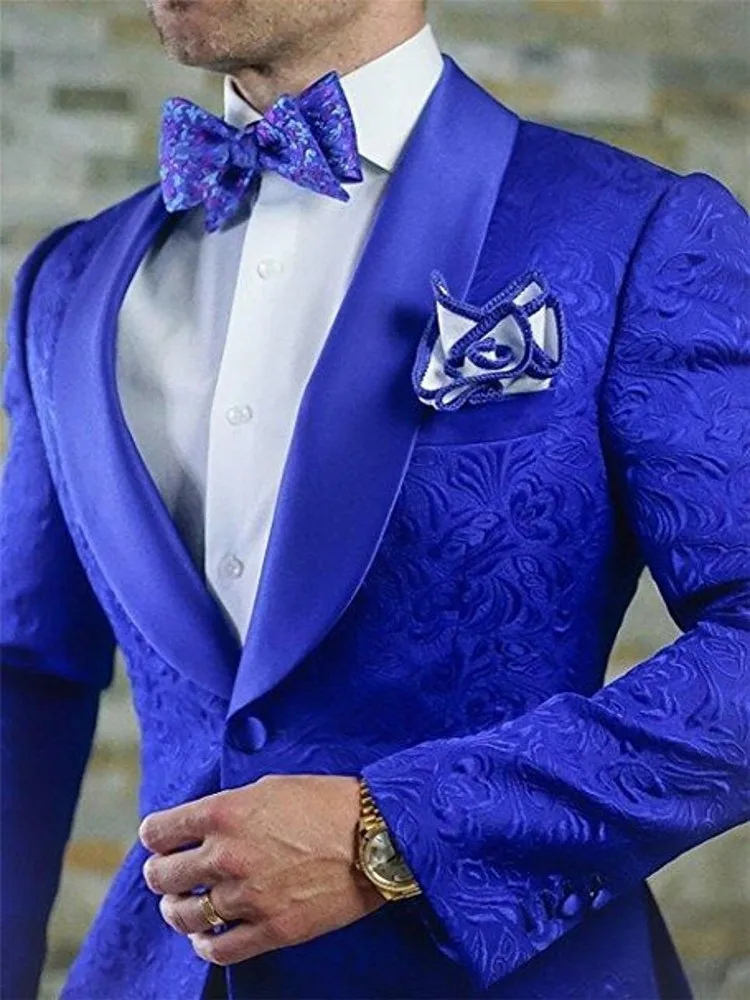 Top Trends: New Arrival Royal Blue Floral Men Suits For Wedding Latest Designs Groom Tuxedos Shawl Lapel Suit Men Groomsmen Best Man Blazer Shoppable Styles