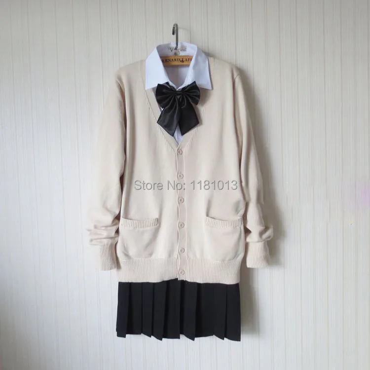 Top Trends: Japanese School Uniform Suit Set Almond / Beige Cardigan Sweater + Solid White Long Sleeve Shirt + Pure Black Pleated Skirt Shoppable Styles