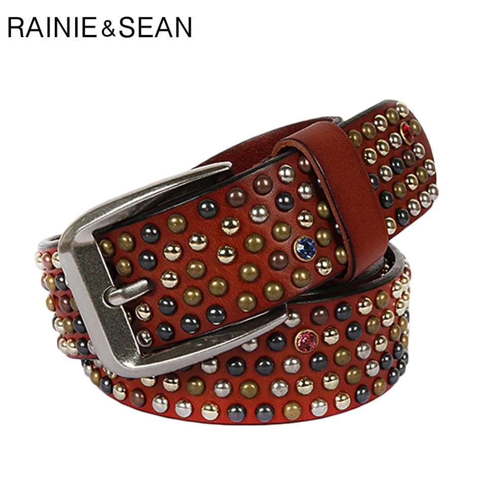 Top Trends: RAINIE SEAN Real Leather Belt Men Rivet Pin Buckle Belts Brown Italian Genuine Leather Cowhide Diamond High Quality Male Belt Shoppable Styles