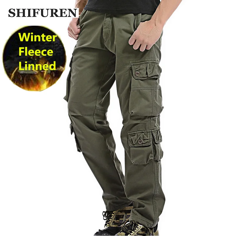 Top Trends: SHIFUREN Winter Fleece Men Cargo Pants Loose Fit Multi-pocket Male Double Layer Thicken Warm Military Trousers Plus Size 29-40 Shoppable Styles