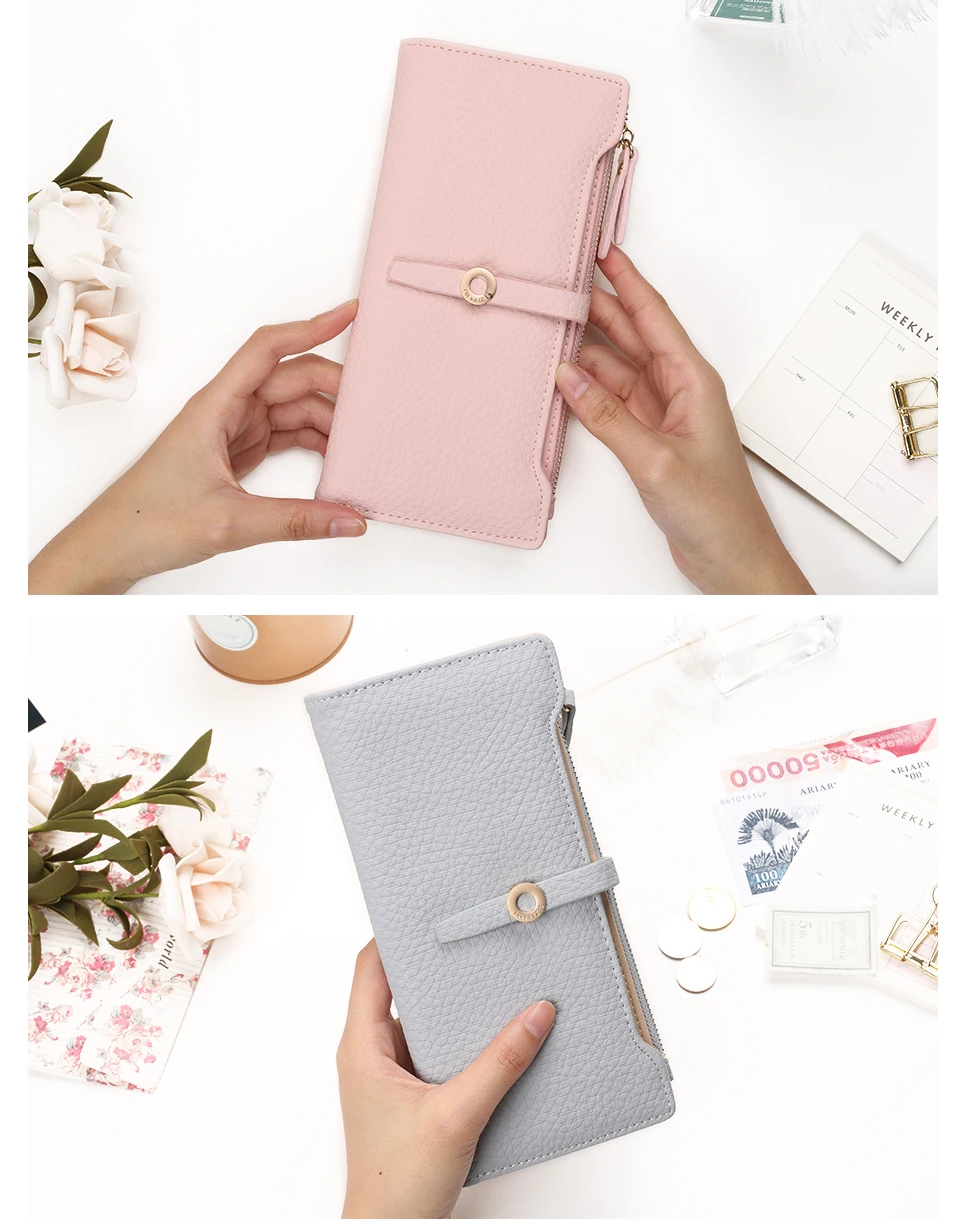 kaks naiste rahakotti, üks roosa ja teine hall, mõlemad lukuga ja dekoratiivse rõngaga