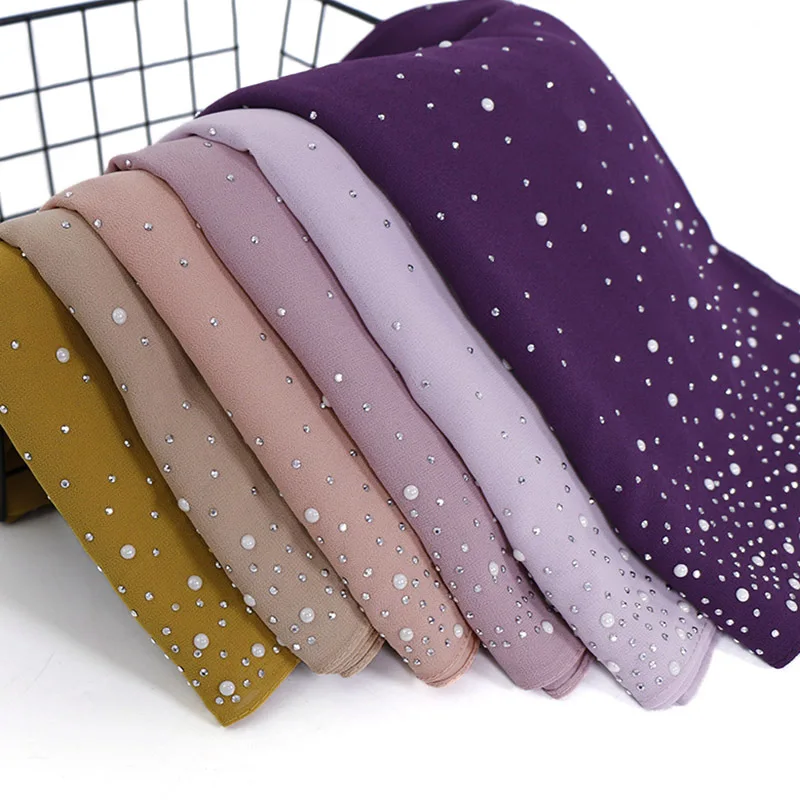 Top Trends: New Plain Diamond Beads Bubble Chiffon Instant Hijab Shawls Solid Thick Head Wraps Foulard Sjaal Muslim Bonnet Cachecol 180*70Cm Shoppable Styles