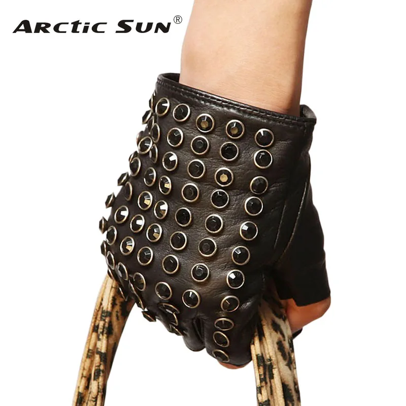 Top Trends: Women Genuine Leather Gloves Black Half Finger Mittens Fashion Punk Sheepskin With Rhinestones Driving Glove L116 Shoppable Styles