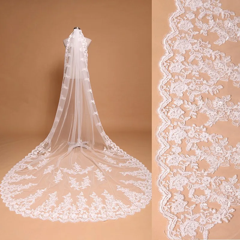 Top Trends: 3 Meter White Ivory Cathedral Wedding Veils Long Lace Edge Bridal Veil With Comb Wedding Accessories Bride Mantilla Wedding Veil Shoppable Styles