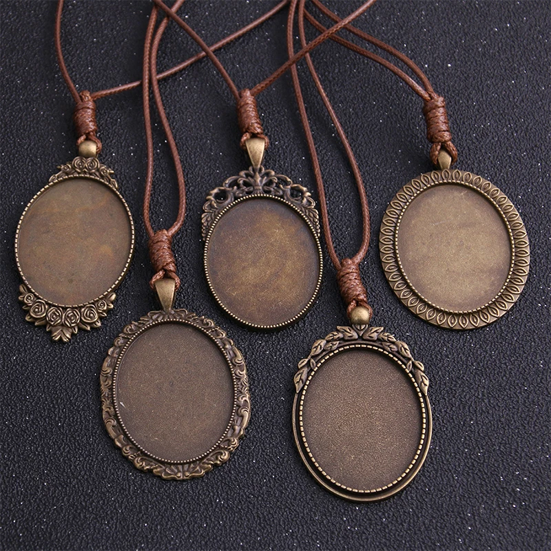 Top Trends: 1pcs Zinc Alloy Antique Bronze 30*40mm Oval Cabochon Settings Blank Cameo Pendant Base Tray With Leather Cord For Jewelry Making Shoppable Styles