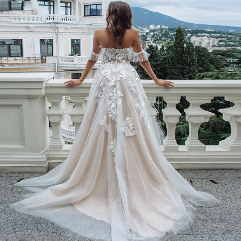 Top Trends: LORIE Champagne Boho Wedding Dress 2020 Lace Appliques Tulle Backless Beach Wedding Gowns Off Shoulder Princess Bridal Dress Shoppable Styles - Image 2