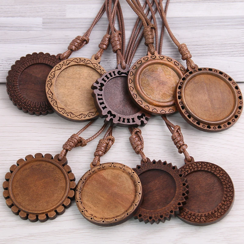 Top Trends: 5pcs Wood Cabochon Settings 25mm 30mm Inner Size Blank Cameo Pendant Base Trays With Leather Cord For Wooden Jewelry Making 8D Shoppable Styles