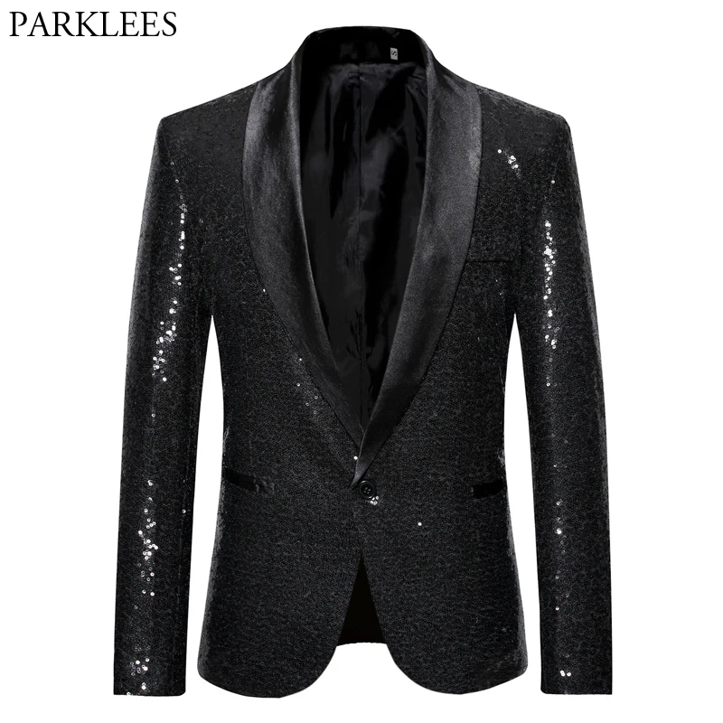 Top Trends: Black Sequin One Button Shawl Collar Suit Jacket Men Bling Glitter Nightclub Prom DJ Blazer Jacket Men Stage Clothes For Singers Shoppable Styles