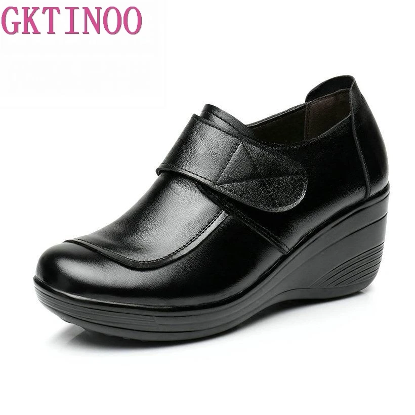 Top Trends: GKTINOO 2024 Wedges Women Shoe Spring Autumn Slip-On High Heels Round Toe Genuine Leather Casual Ladies Platform Shoes Woman Shoppable Styles