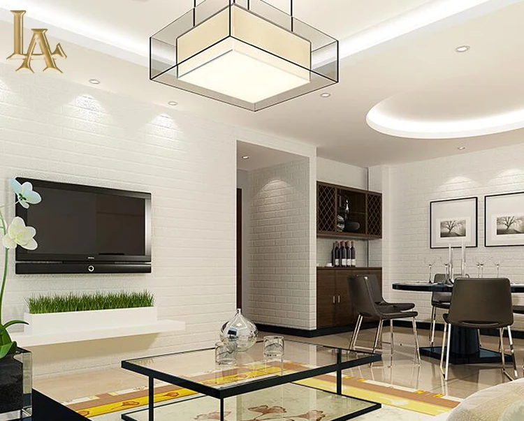 elutuba valgete 3D tellistega tapeediga seintel, kaasaegne mööbel ja valgustus