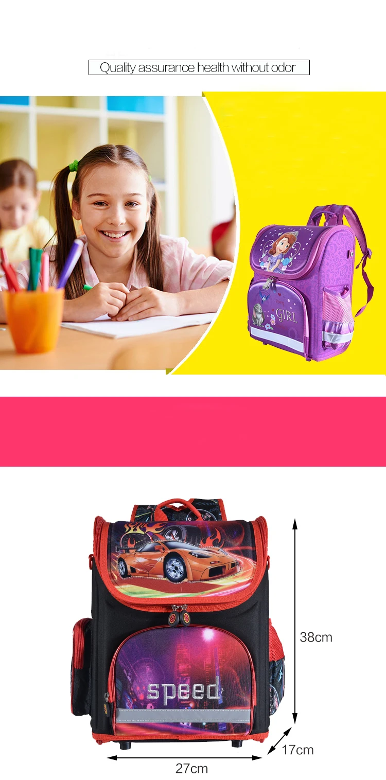 lilla koolikott tüdrukute piltidega ja must koolikott autode piltidega