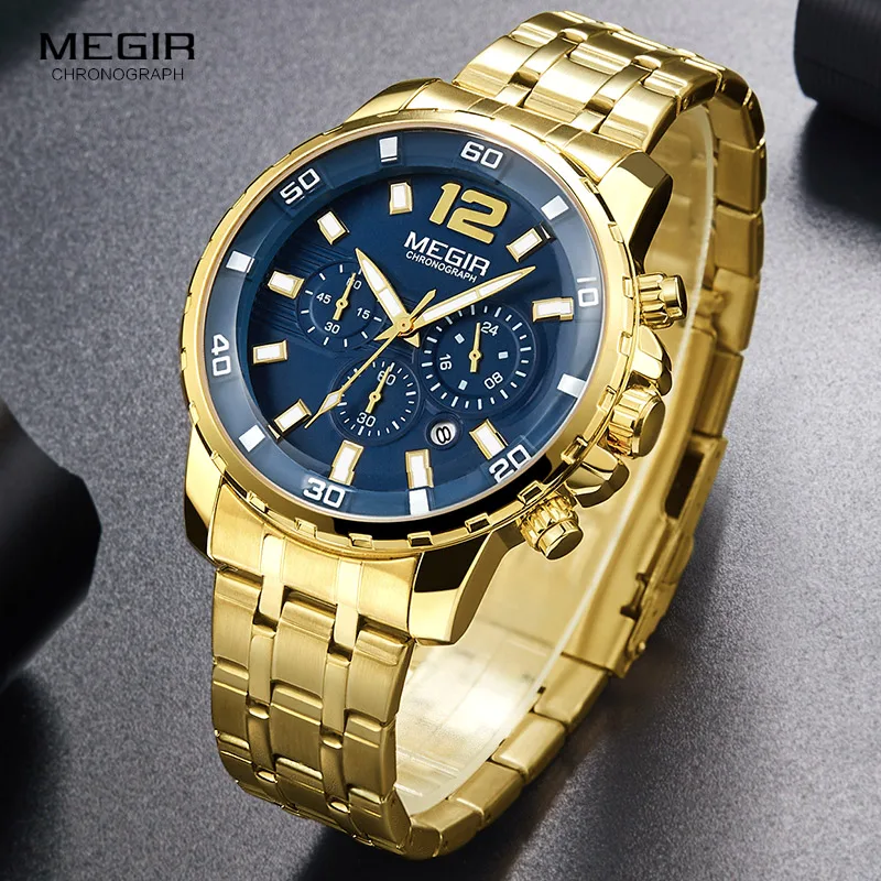 Top Trends: Megir Men's Gold Stainless Steel Quartz Watches Business Chronograph Analgue Wristwatch For Man Waterproof Luminous 2068GGD-2N3 Shoppable Styles - Image 3