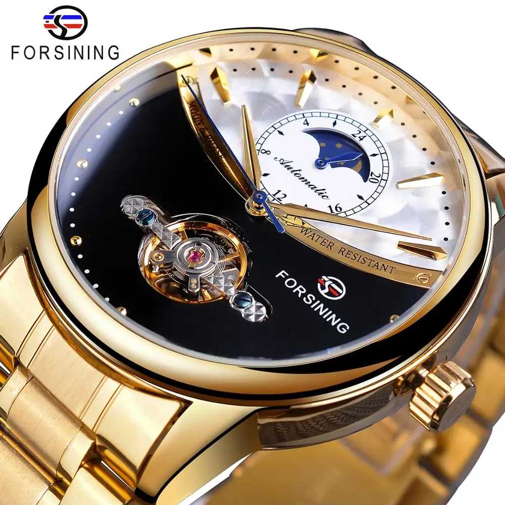 Top Trends: Forsining Men Watch Automatic Golden Sun Moon Phase Steel Band Tourbillon Black White Face Business Mechanical Reloj Hombre 2019 Shoppable Styles