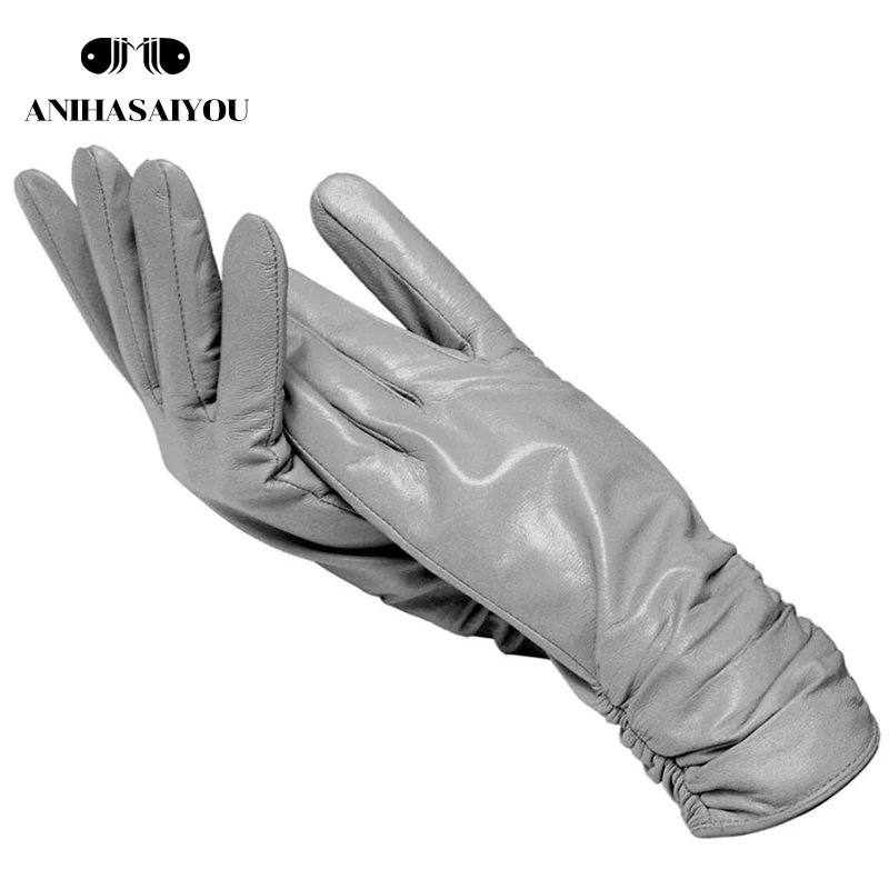 Top Trends: Light Gray Women Leather Gloves, Sheepskin Gloves Female, best-selling Women&#039;s Winter Mittens, Genuine Leather Gloves Women-2081 Shoppable Styles