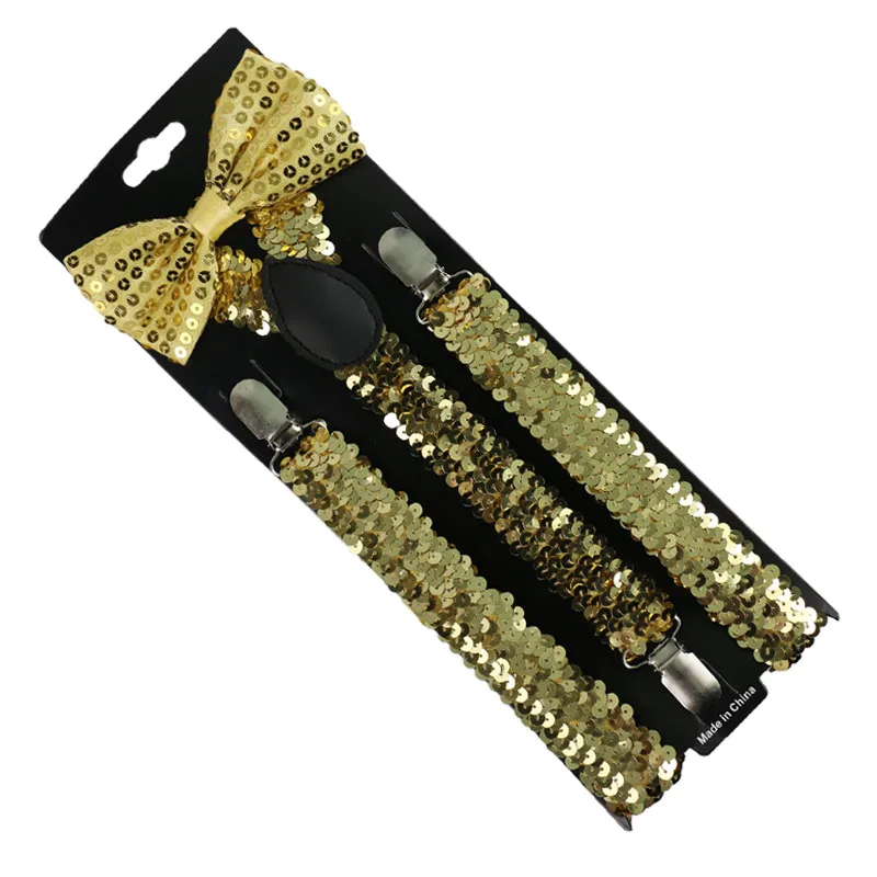 Top Trends: Fashion Women Men Small Sequin Gold Silver Suspenders Bowtie Set Clip-on Elastic Y-Shape Back Braces Suspenders For Women Men Shoppable Styles