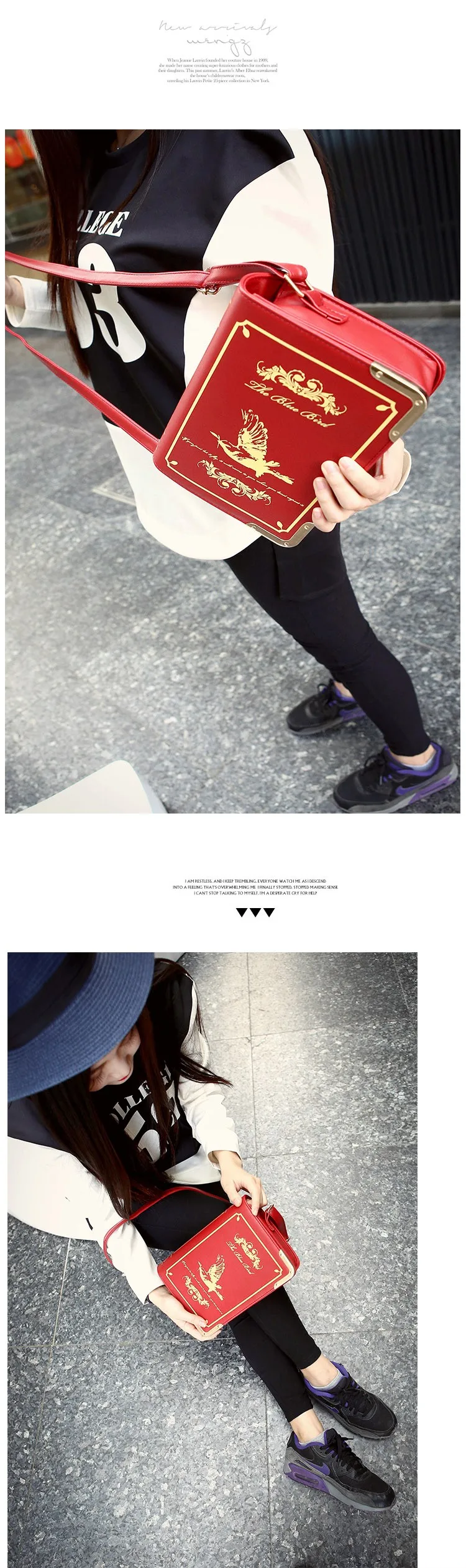 punane raamatu kujundusega õlakott kuldsete detailidega, mida hoiab inimene