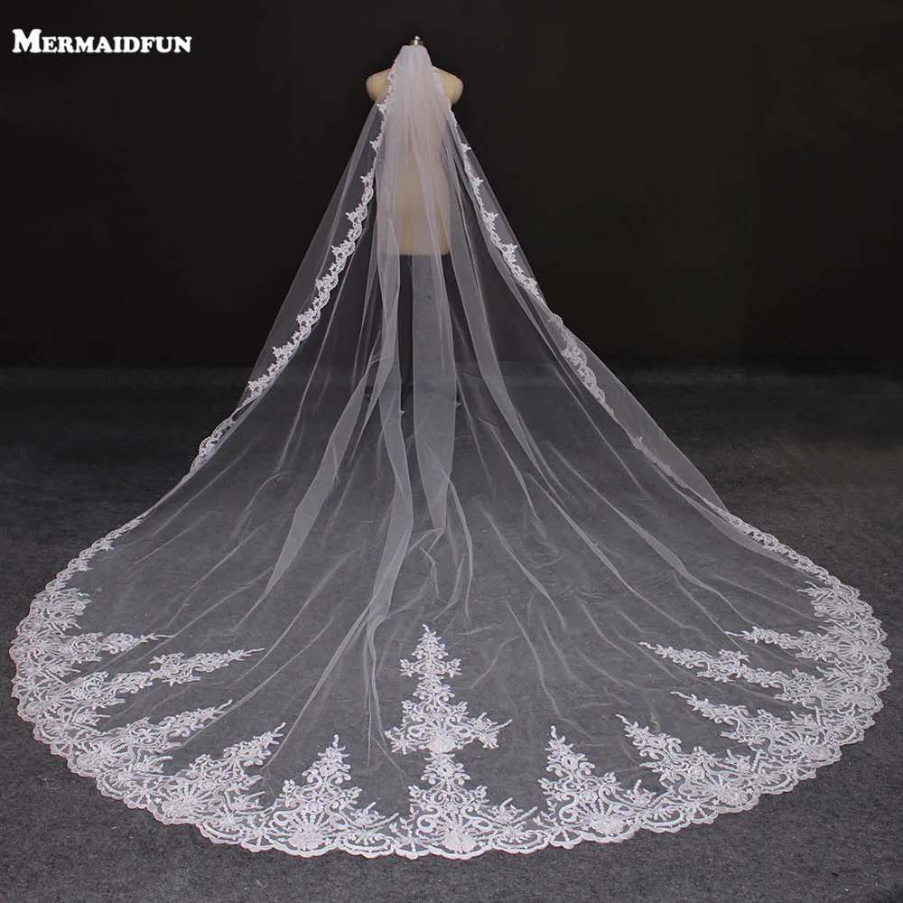 Top Trends: Real Photos 4 Meters Long Full Edge Lace Wedding Veil One Layer White Ivory Tulle Bridal Veil With Comb Veu De Noiva Longo Shoppable Styles