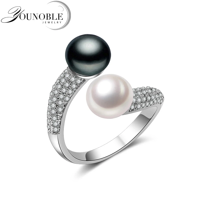 Top Trends: Real 925 Sterling Silver Double Pearl Rings Women, daughter Gift Bridal Black Pearl Ring Shoppable Styles