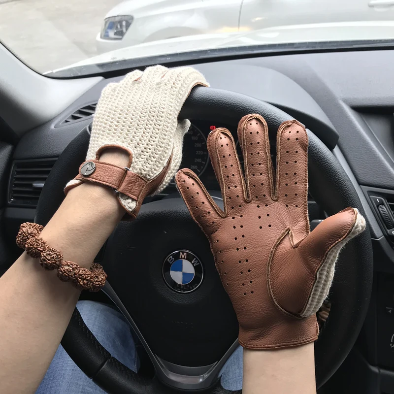 Top Trends: Mens Goatskin Leather Gloves Back Knitted Gloves Lambskin NEW Unlined Non-Slip Motorcycle Driving Gloves Male Leather Mittens Shoppable Styles