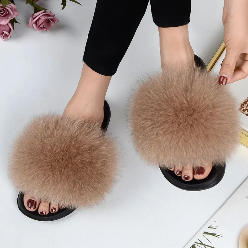 Top Trends: Women Summer Casual Fluffy Slippers With Fur Flat Non-Slip Real Fox Fur Furry Slides Large Size Shoes Fur Sandals Shoppable Styles