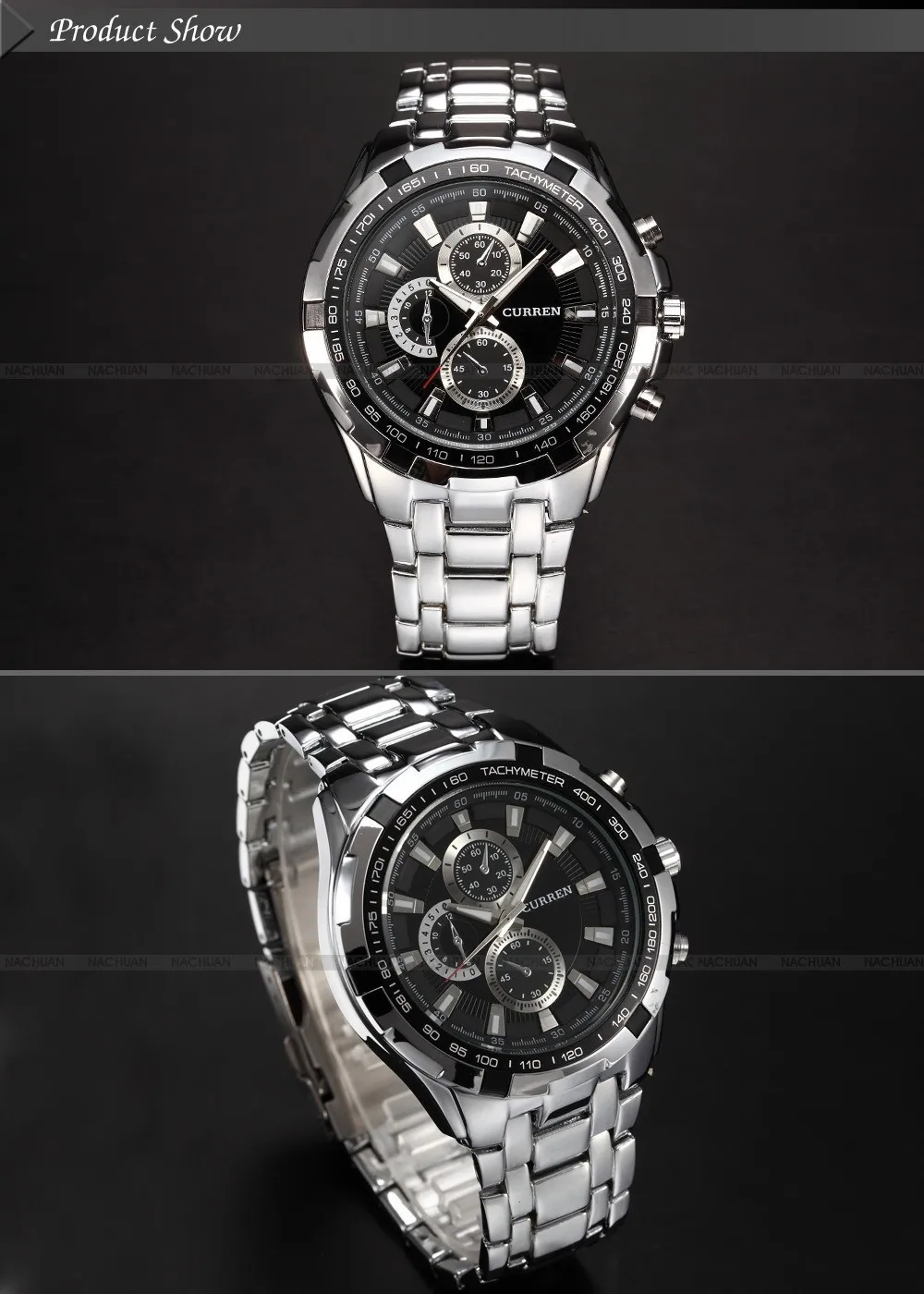 meeste roostevabast terasest käekell musta sihverplaadiga