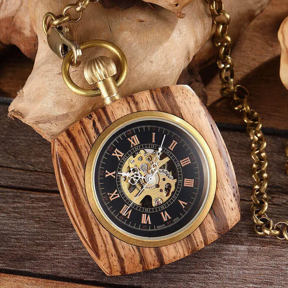 Top Trends: Square Wooden Mechanical Pocket Watch Chains Luxury Red Wooden Hand Winding Skeleton Fob Watches Men Women Clock Gifts Reloj Shoppable Styles