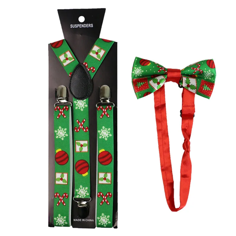 Top Trends: Fashion Christmas Gift Print Suspenders And Bowtie Set Clip-on Elastic Y-Shape Back Shirt Stays Braces Suspenders For Women Men Shoppable Styles