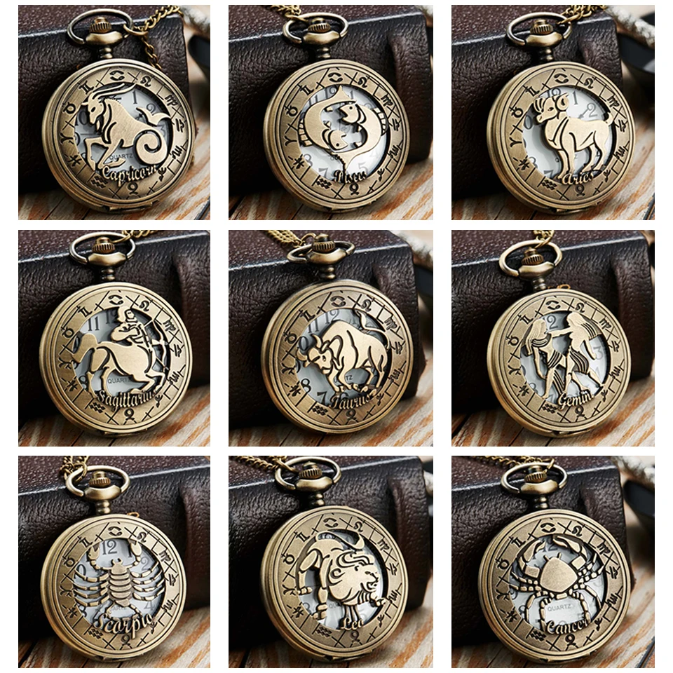 Top Trends: 12 Constellation Retro Pocket Watch Men Women Animal Fob Watches Pisces Leo Scorpio Taurus Gemini Sagittarius Necklace Clock Shoppable Styles