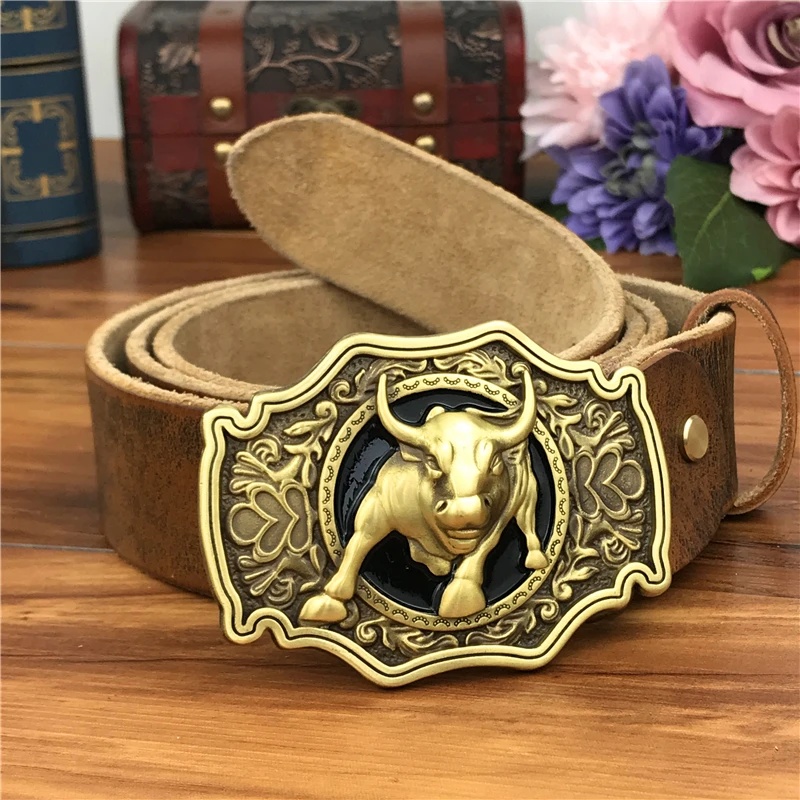 Top Trends: Brass Bull Cowboy Belt Buckle Leather Belt Men Jeans Men Leather Genuine Waist Yellow Belts For Men Wide Belt Male MBT0524 Shoppable Styles