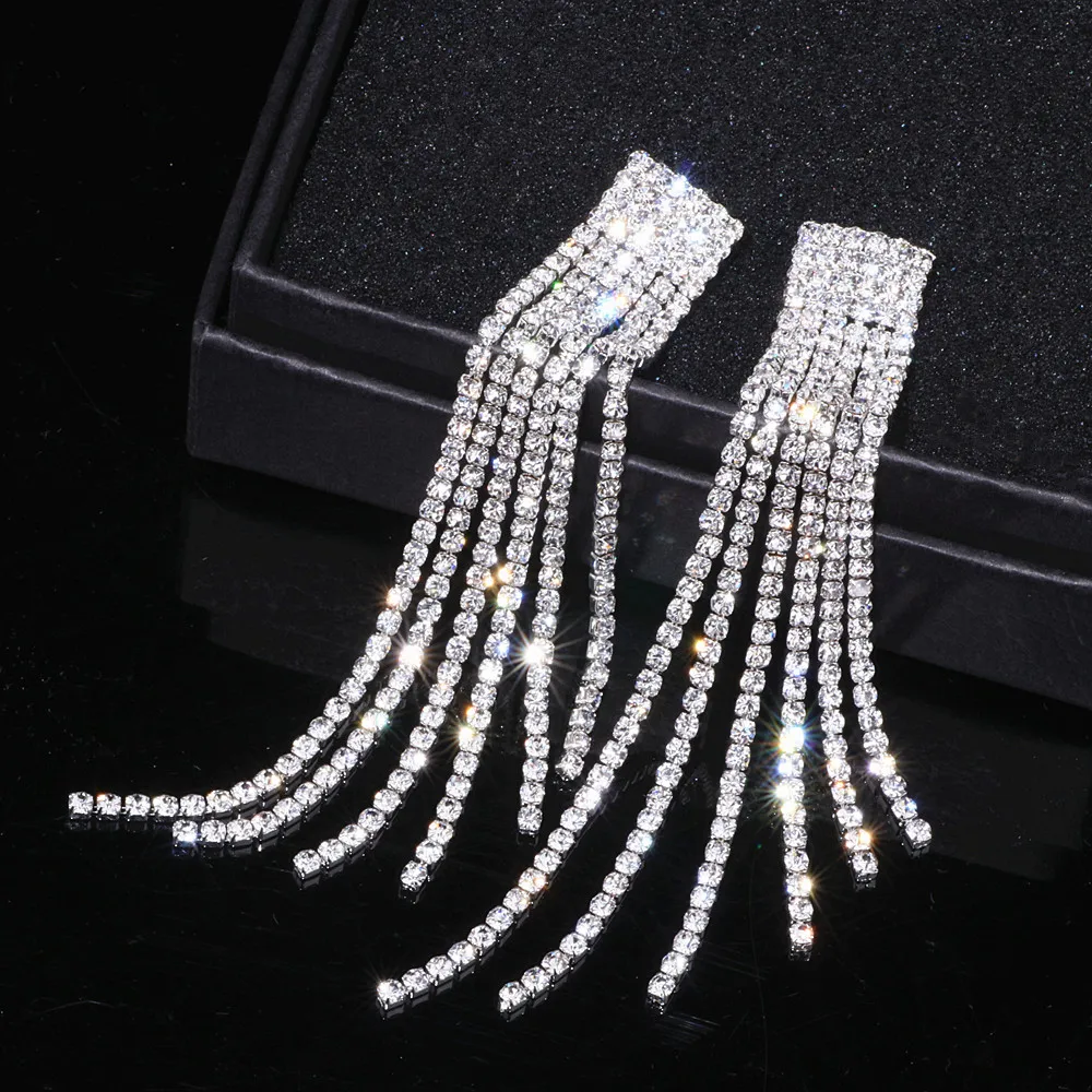 Top Trends: New Silver Color Rhinestone Crystal Long Tassel Earrings For Women Bridal Drop Dangling Earrings Brincos Wedding Jewelry WX006 Shoppable Styles