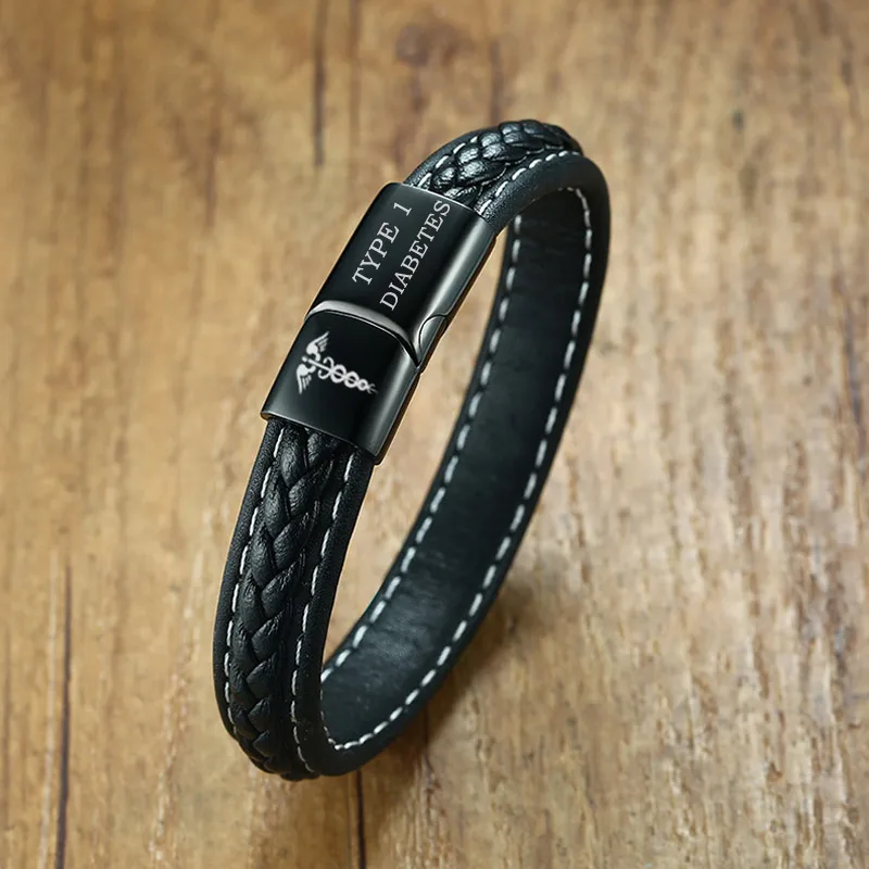 Top Trends: TYPE 1 DIABETES Medical Alert Bracelet Emergency Remind Jewelry Black Genuine Leather Shoppable Styles