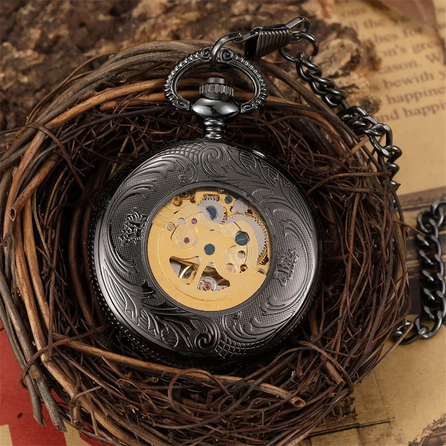 Top Trends: Unique Mechanical Pocket Watch Hollow Black Dial Hand-Winding Men Pendant Collection Fob Chain Watch Skeleton Steampunk Clock Shoppable Styles - Image 3