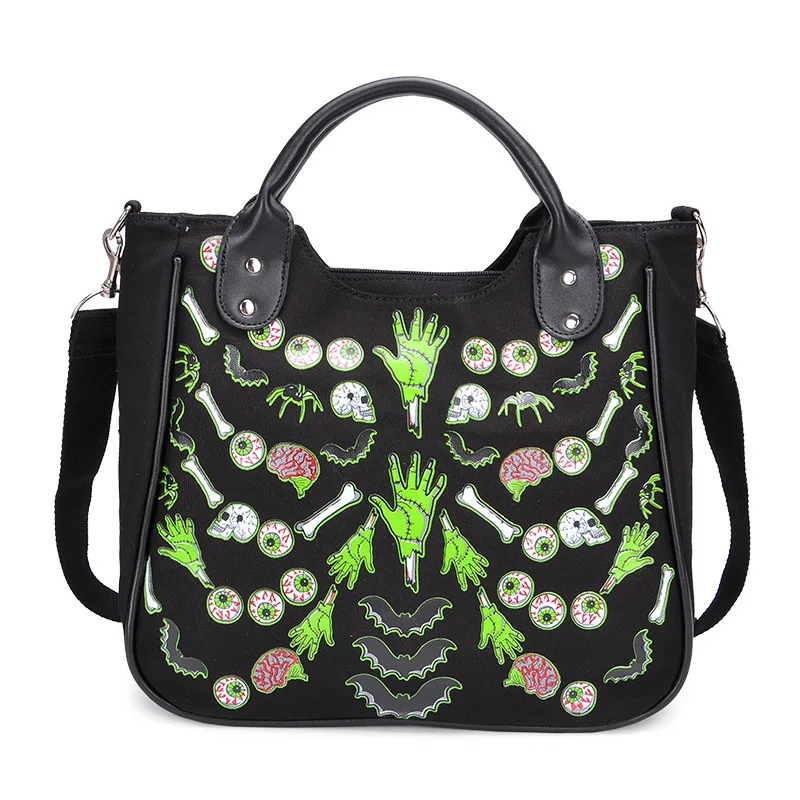 Top Trends: JIEROTYX Cartoon Gothic Bag Women Canvas Handbag Female Casual Floral Printing Casual Totes Women Punk Bags High Quality Shoppable Styles