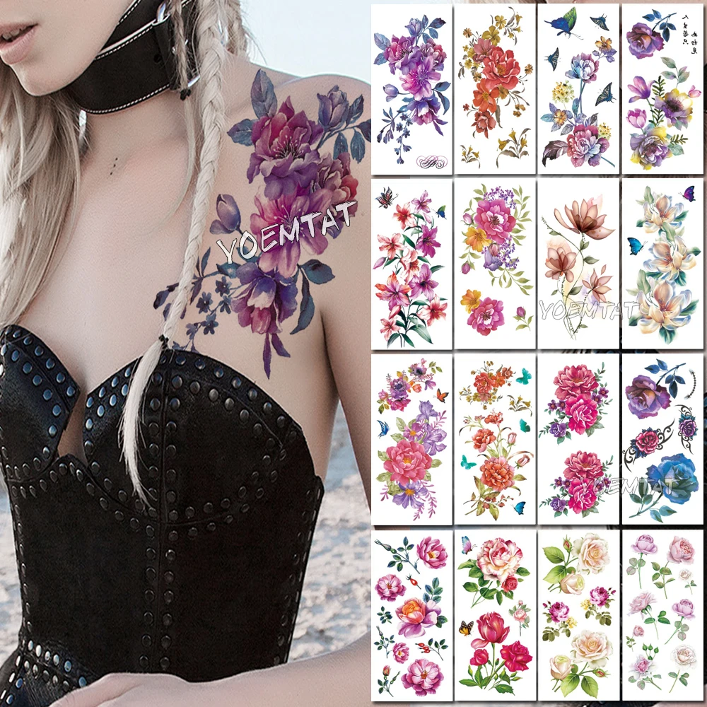 Top Trends: Purple Watercolor Rose Lily Flower Waterproof Tattoo Stickers Women Body Chest Art Temporary Tatto Girl Waist 3D Flowers Tatoo Shoppable Styles