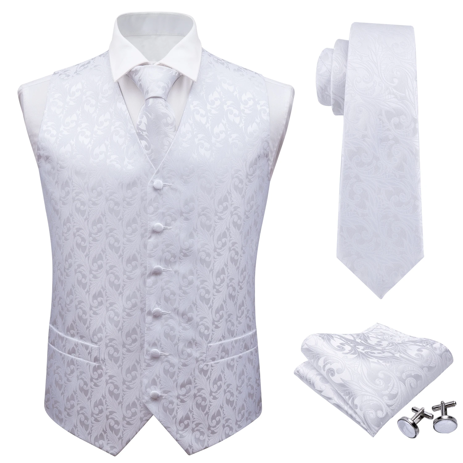 Top Trends: Barry.Wang Mens Classic White Floral Jacquard Silk Waistcoat Vests Handkerchief Party Wedding Tie Vest Suit Pocket Square Set Shoppable Styles