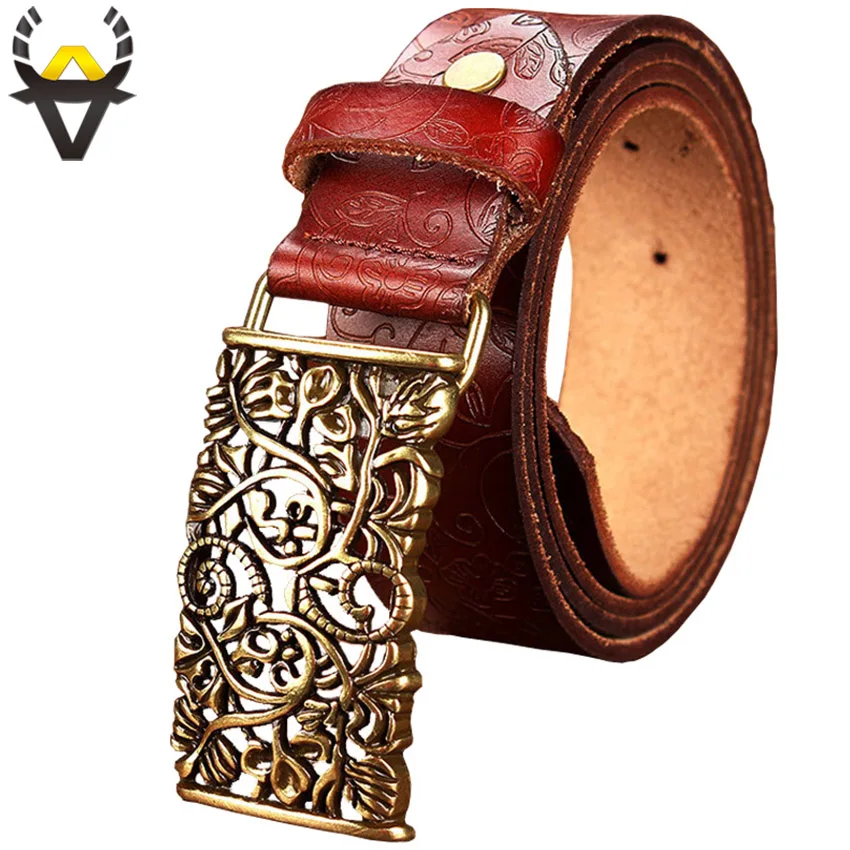 Top Trends: Fashion Genuine Leather Belts For Women Vintage Floral Pin Buckle Belt Woman Quality Second Layer Cow Skin Strap Female Wide 3.2 Shoppable Styles