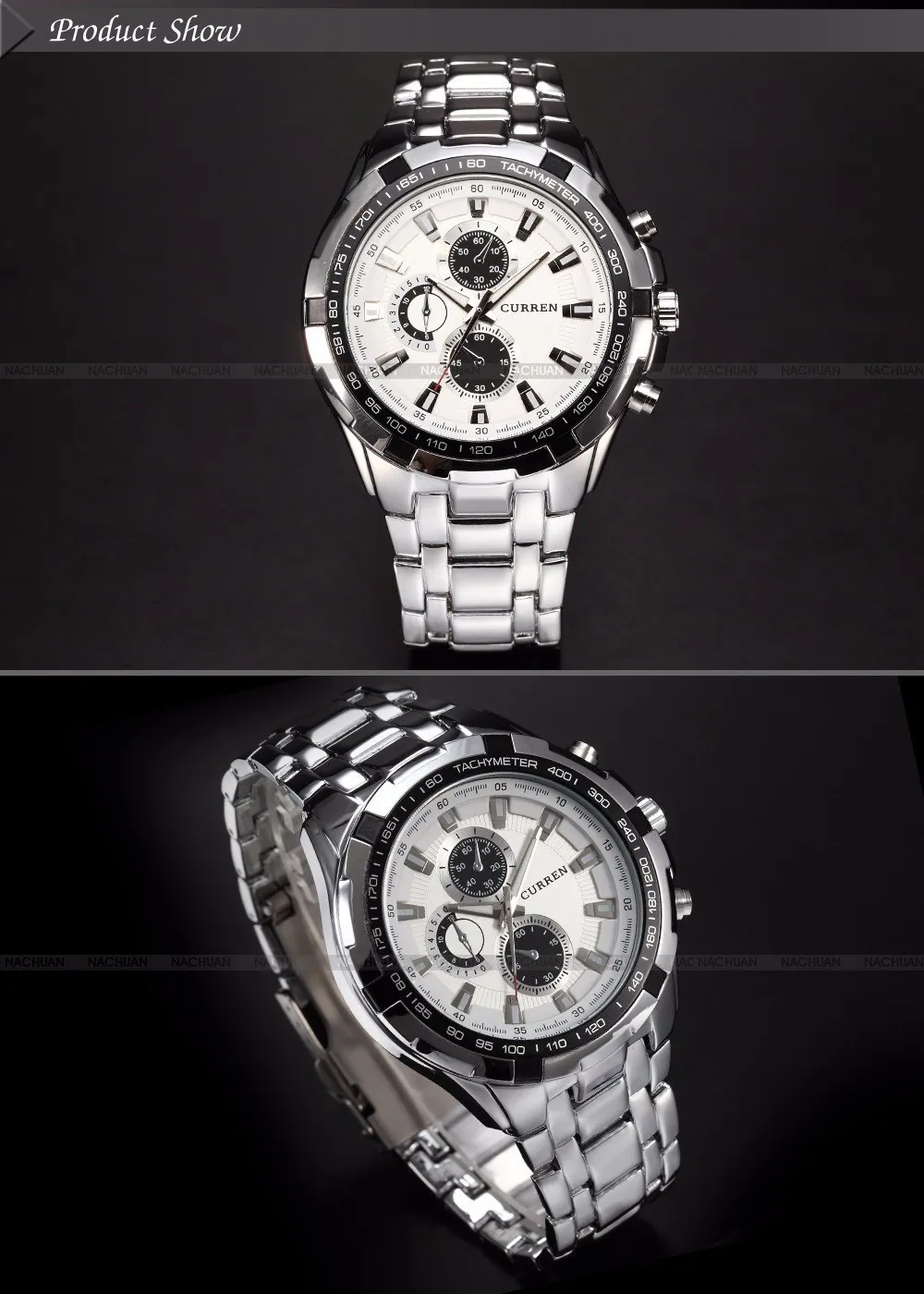 roostevabast terasest meeste käekell musta ja hõbedase sihverplaadiga